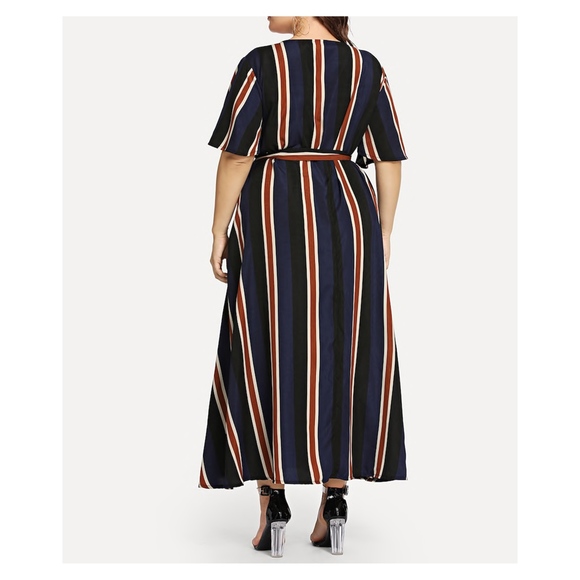 Blue Striped V Neck Wrap Plus Size Maxi Dress - Picture 2 of 5